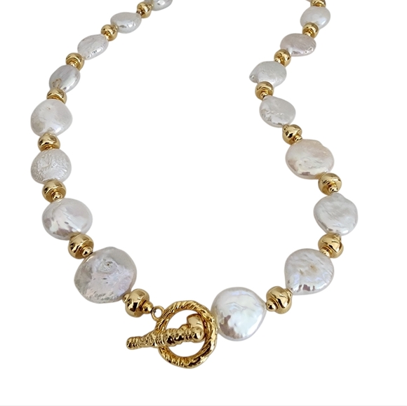 Coin Pearl Necklace Gold Accent Beads Toggle Clasp A0369 Q7 - Picture 13 of 15